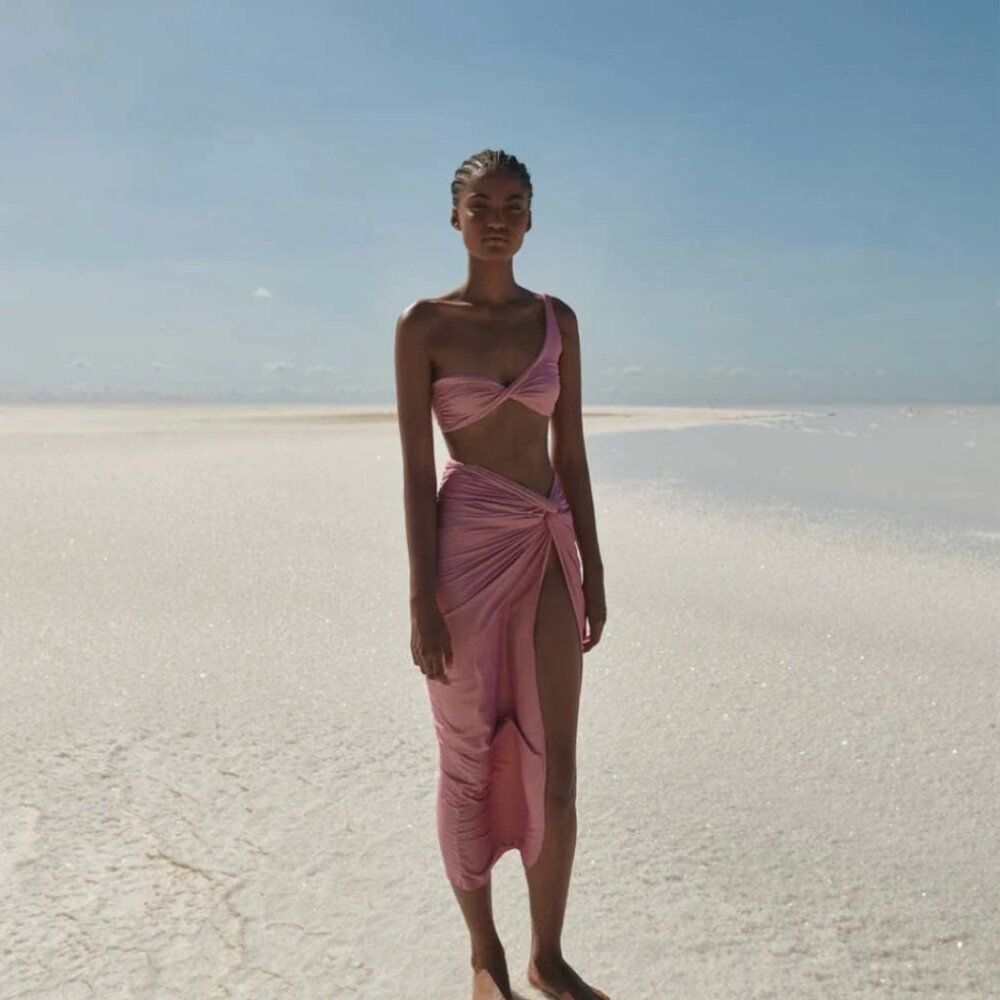 NWT Baobab Glossy Ola One Shoulder Top & Bottom in Amanecer Sparkle Pink